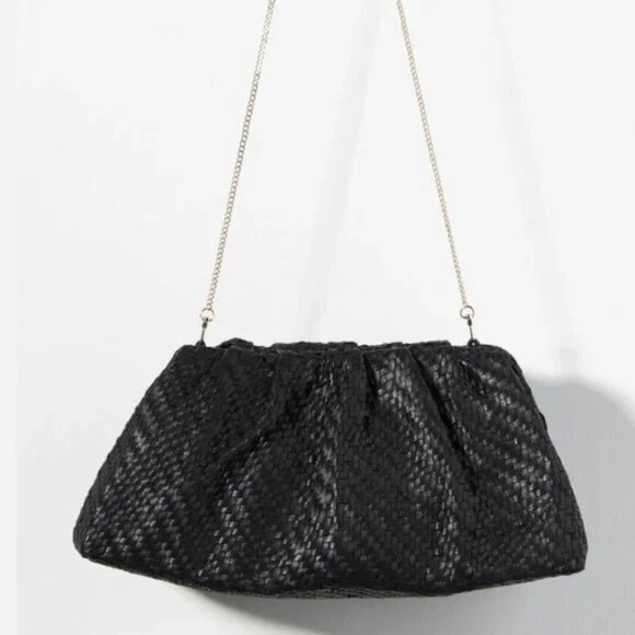 031 Anthropologie Woven Leather Clutch Dark with Chain NWT Emerald Green Leather - Picture 1 of 10
